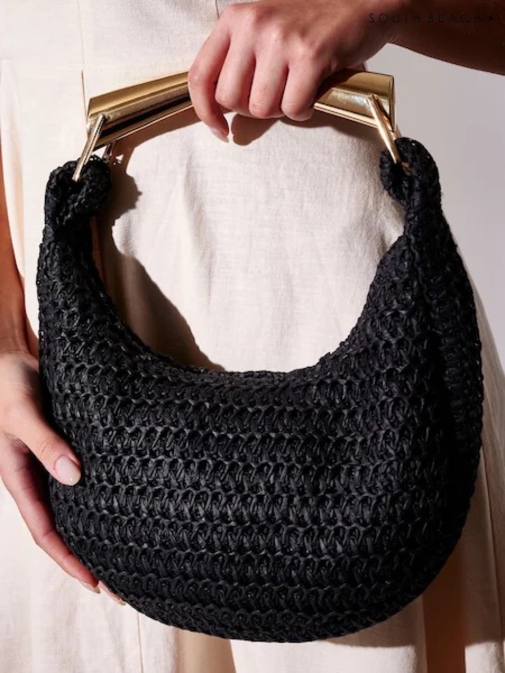 Black Woven Raffia Bag with Gold Bar Handle NWOT